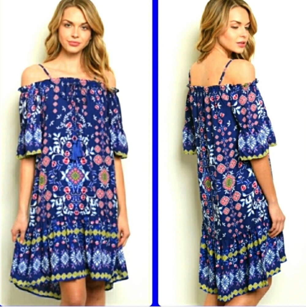 Ark & Co. navy floral off shoulder mini dress M